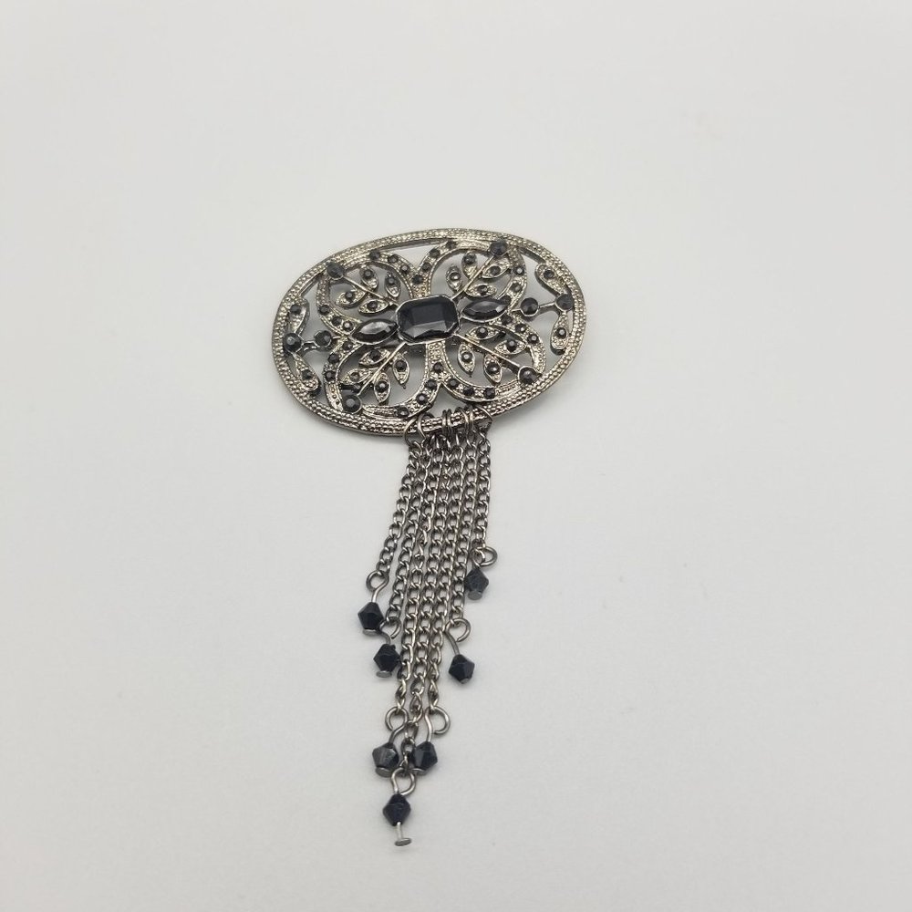 Metal & Black Rhinestone Fringe Tassel Brooch